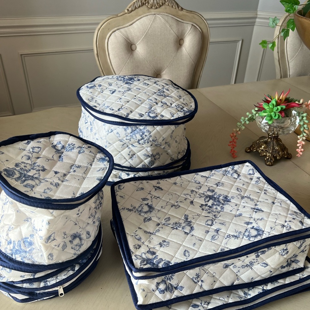 Vintage Avon Dish Storage Set of 8 In Pack Blue White Floral